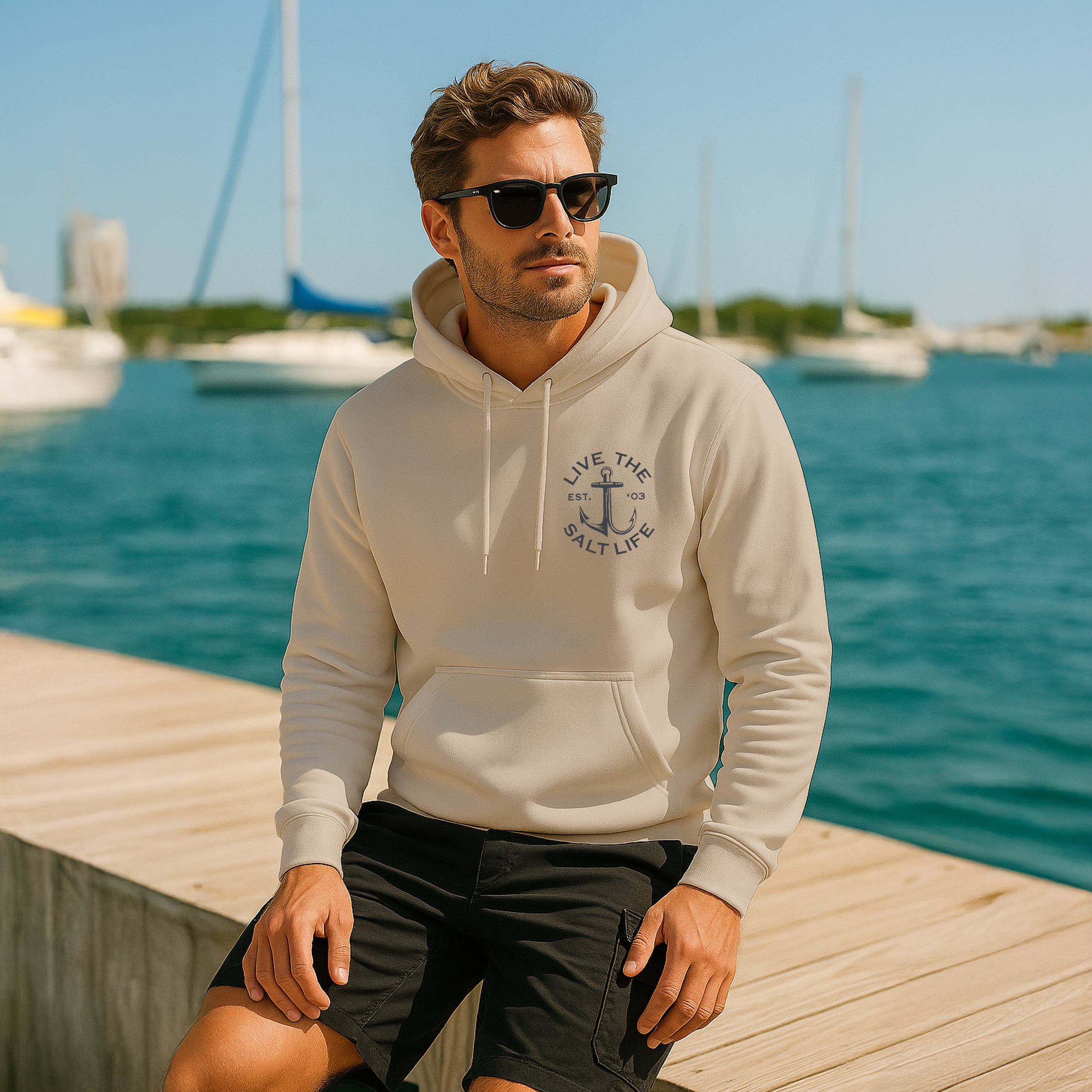 SALT LIFE ANCHOR PATCH HOODIE ECRU