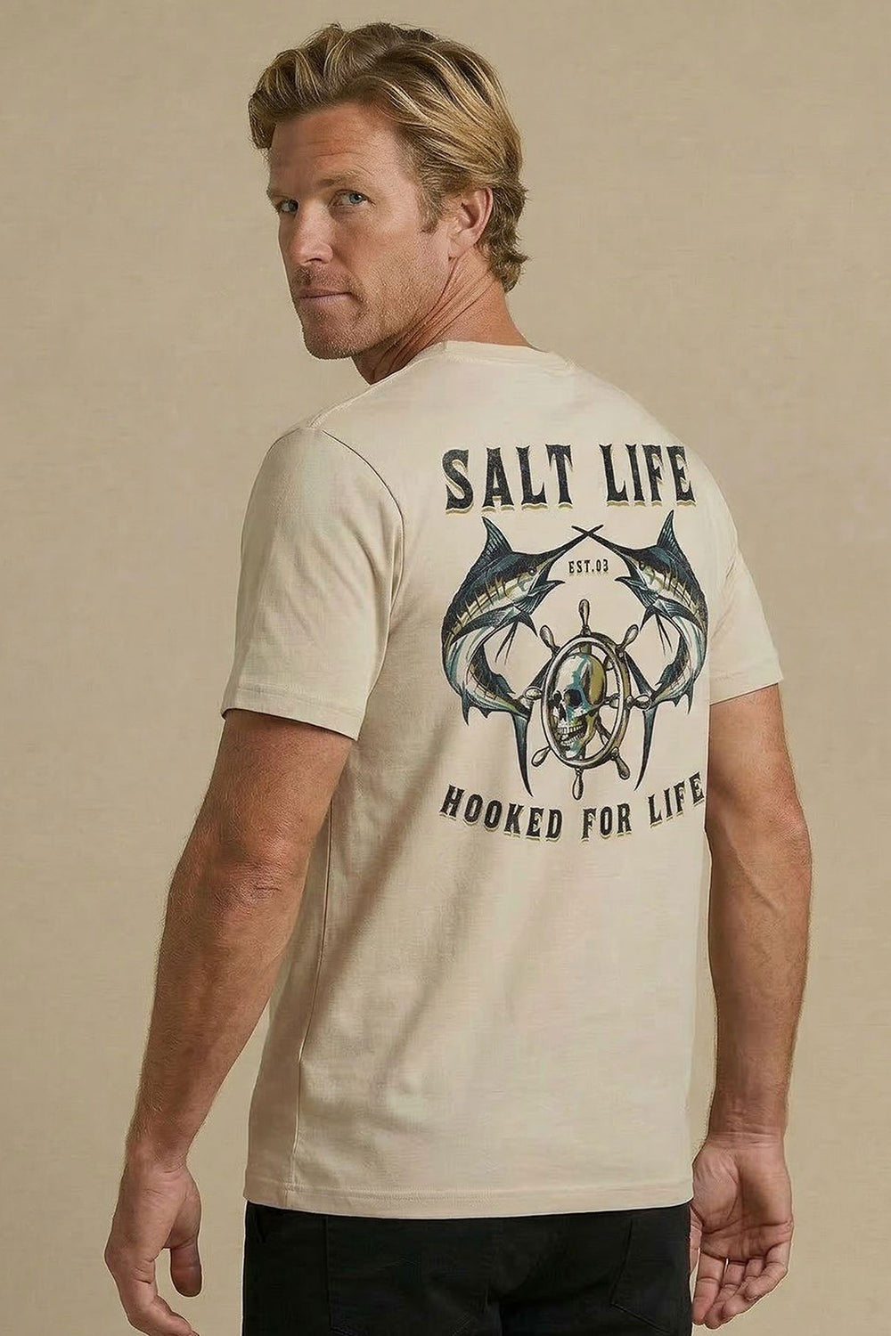 Salt Life Hooked for Life Men's T-Shirt Ecru